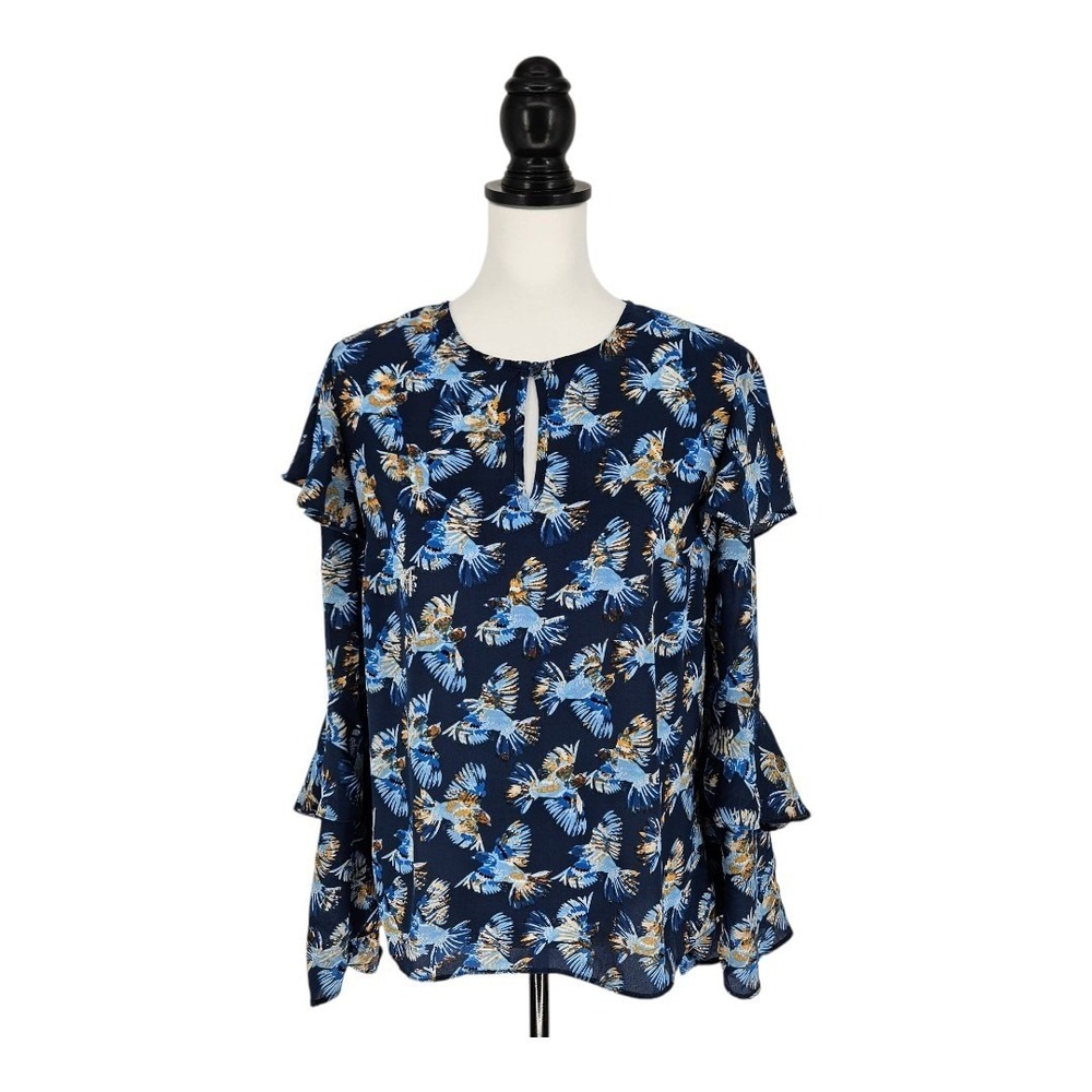 Finn & Grace Bird Print Blouse Women Size M Navy Blue Ruffle Tiered Sleeve Keyho